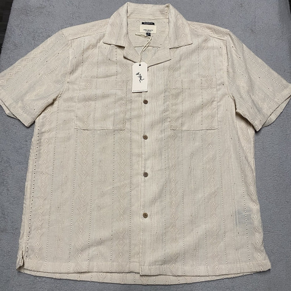 Civil Society Shirt Mens Medium Beige Textured Island Resortwear Camp Rumbod NEW